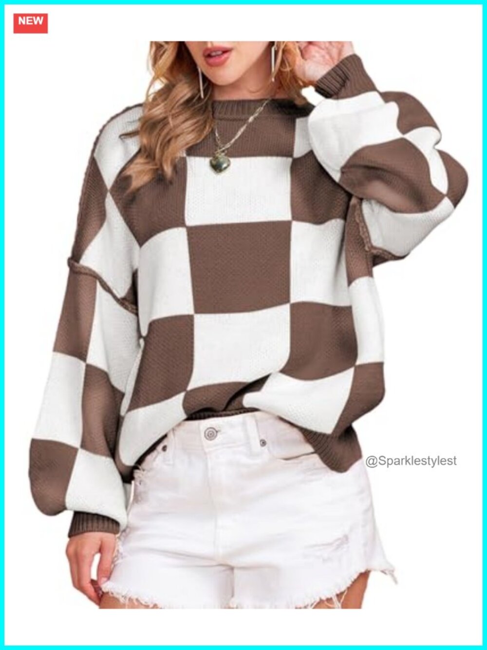 CURBODO Womens Loose Fit Checkered Pullover Sweater Ribbed Knit Long Sleeve